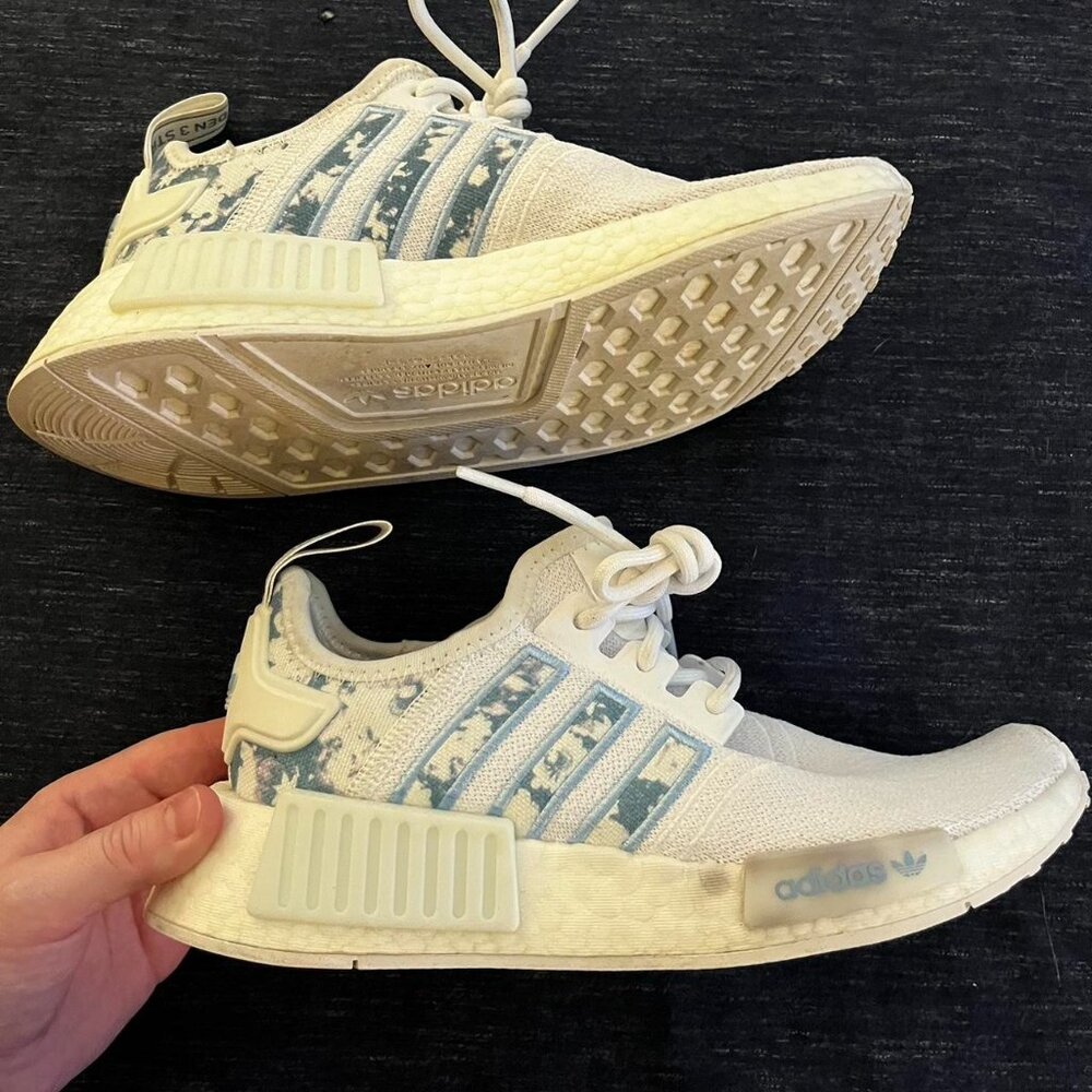 Adidas NMD R1 white and blue sneakers